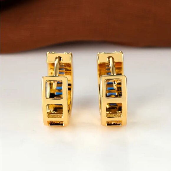 Mens 14K Gold Round 1ct Blue Sapphire Gemstone 2ct Diamond Earrings 14 K Jewelry